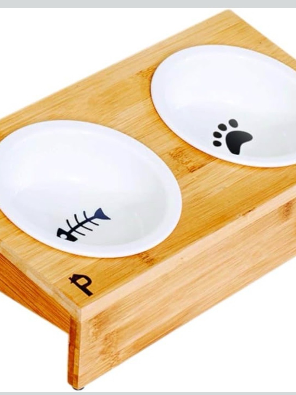 Bamboo Elevated Double Pet Bowls with White Ceramic Inserts